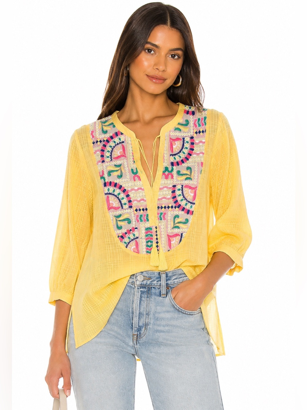 Aratta Yellow Embroidered Boho Tunic Blouse Tassel 3/4 Sleeve Top Sz S NEW